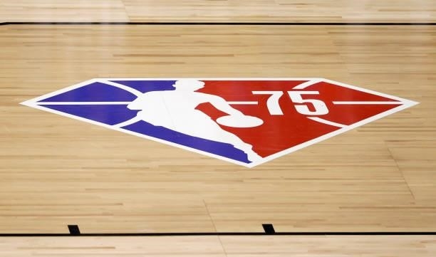Diamond-themed logo commemorating the NBA's 75th anniversary is shown on the court during a game between the Oklahoma City Thunder and the Detroit...