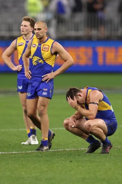 Elliot Yeo of the Eagles reacts after being defeated during the round 21 AFL match between West Coast Eagles and Melbourne Demons at Optus Stadium on...