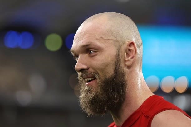 Max Gawn of the Demons looks on while conducting a post game interview after winning the round 21 AFL match between West Coast Eagles and Melbourne...