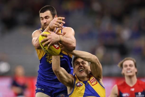 Josh J. Kennedy of the Eagles contests for a mark during the round 21 AFL match between West Coast Eagles and Melbourne Demons at Optus Stadium on...