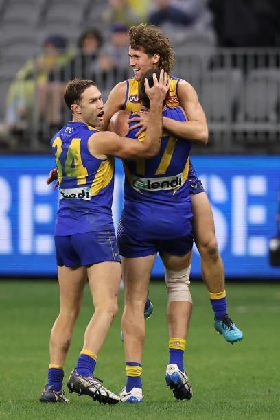 Connor West of the Eagles celebrates a goal during the round 21 AFL match between West Coast Eagles and Melbourne Demons at Optus Stadium on August...