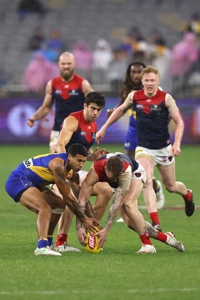Tim Kelly of the Eagles and James Harmes of the Demons contest for the ball during the round 21 AFL match between West Coast Eagles and Melbourne...