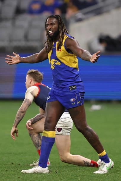 Nic Naitanui of the Eagles questions an umpires call during the round 21 AFL match between West Coast Eagles and Melbourne Demons at Optus Stadium on...