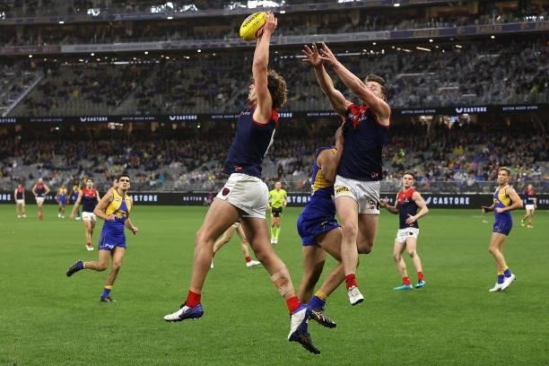 Luke Jackson of the Demons marks the ball during the round 21 AFL match between West Coast Eagles and Melbourne Demons at Optus Stadium on August 09,...