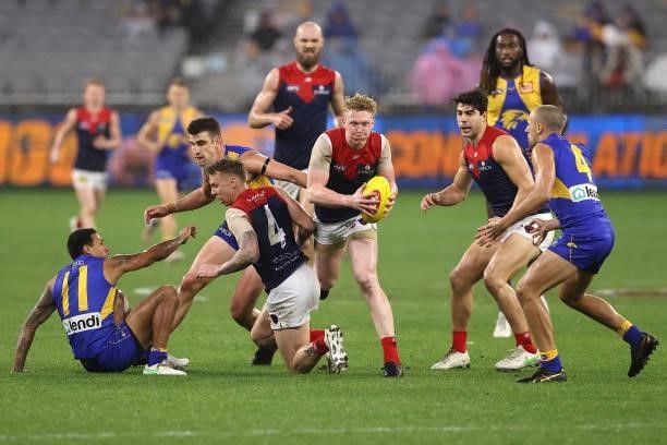 Clayton Oliver of the Demons in action during the round 21 AFL match between West Coast Eagles and Melbourne Demons at Optus Stadium on August 09,...