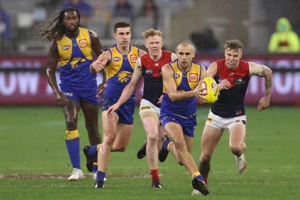 Dom Sheed of the Eagles in action during the round 21 AFL match between West Coast Eagles and Melbourne Demons at Optus Stadium on August 09, 2021 in...