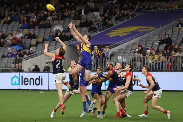 Jeremy McGovern of the Eagles sets for a mark during the round 21 AFL match between West Coast Eagles and Melbourne Demons at Optus Stadium on August...