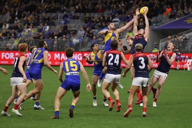 Jack Darling of the Eagles and Steven May of the Demons contest for a mark during the round 21 AFL match between West Coast Eagles and Melbourne...