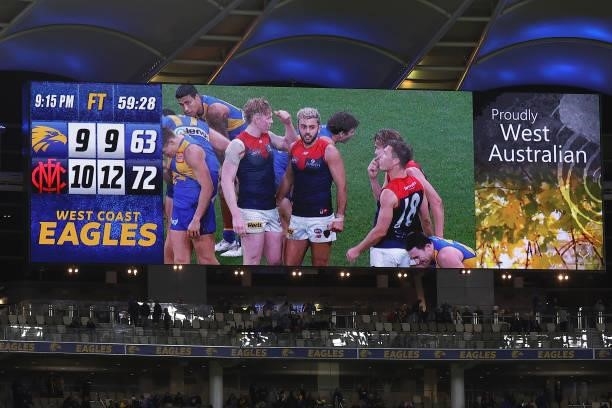 The fourth quarter time of 59:28 is seen on the scoreboard following full time during the round 21 AFL match between West Coast Eagles and Melbourne...