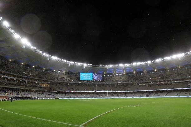 Play is halted due to approaching lightning during the round 21 AFL match between West Coast Eagles and Melbourne Demons at Optus Stadium on August...