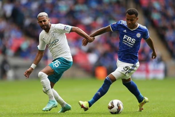 Riyad Mahrez of Manchester City and Ryan Bertrand of Leicester City battle for possession during The FA Community Shield match between Manchester...