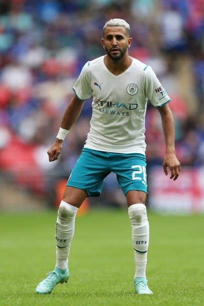 Riyad Mahrez of Manchester City looks on during The FA Community Shield match between Manchester City and Leicester City at Wembley Stadium on August...