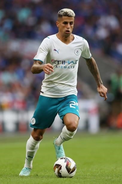 Joao Cancelo of Manchester City runs with the ball during The FA Community Shield match between Manchester City and Leicester City at Wembley Stadium...