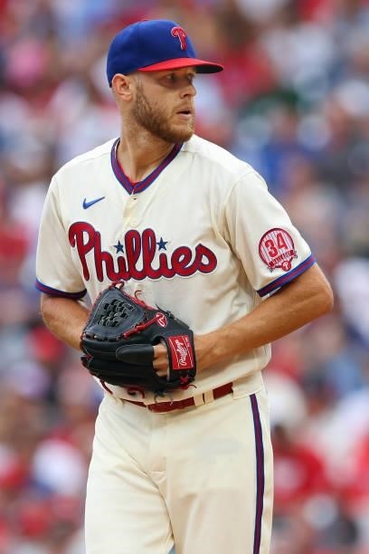 Zack Wheeler of the Philadelphia Phillies in action against the New York Mets during a game at Citizens Bank Park on August 8, 2021 in Philadelphia,...