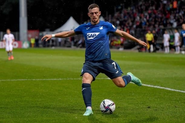 Hoffenheims Jacob Bruun Larsen during the DFB Cup first round match between Viktoria Köln and 1899 Hoffenheim on August 09, 2021 in Cologne, Germany.