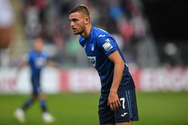 Hoffenheims Jacob Bruun Larsen during the DFB Cup first round match between Viktoria Köln and 1899 Hoffenheim on August 09, 2021 in Cologne, Germany.