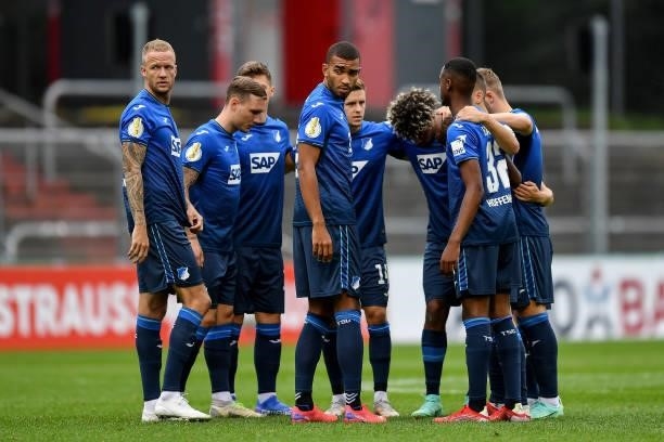 The team of Hoffenheim prior to the DFB Cup first round match between Viktoria Köln and 1899 Hoffenheim on August 09, 2021 in Cologne, Germany.