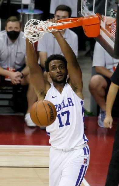 Braxton Key of the of the Philadelphia 76ers dunks against the Dallas Mavericks during the 2021 NBA Summer League at the Thomas & Mack Center on...