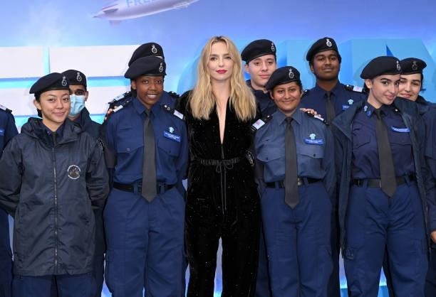 Jodie Comer poses with the volunteer police cadets at the "Free Guy