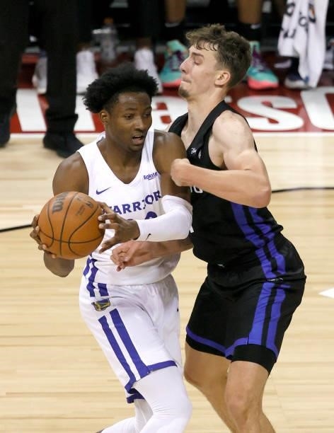 Jonathan Kuminga of the Golden State Warriors is guarded by Franz Wagner of the Orlando Magic during the 2021 NBA Summer League at the Thomas & Mack...
