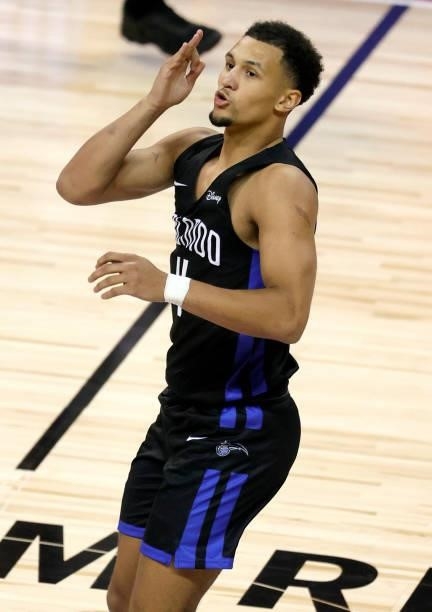 Jalen Suggs of the Orlando Magic reacts after hitting a 3-pointer against the Golden State Warriors during the 2021 NBA Summer League at the Thomas &...