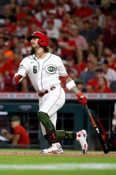 Jonathan India of the Cincinnati Reds hits a home run during the game against the Pittsburgh Pirates at Great American Ball Park on August 6, 2021 in...