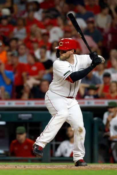 Tucker Barnhart of the Cincinnati Reds bats during the game against the Pittsburgh Pirates at Great American Ball Park on August 6, 2021 in...