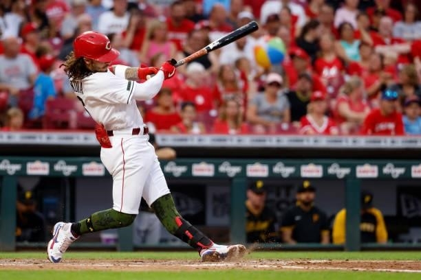 Jonathan India of the Cincinnati Reds bats during the game against the Pittsburgh Pirates at Great American Ball Park on August 6, 2021 in...