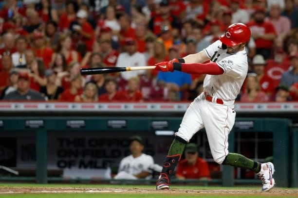 Tyler Naquin of the Cincinnati Reds bats during the game against the Pittsburgh Pirates at Great American Ball Park on August 6, 2021 in Cincinnati,...