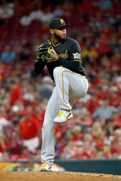 Luis Oviedo of the Pittsburgh Pirates pitches during the game against the Cincinnati Reds at Great American Ball Park on August 6, 2021 in...