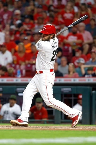 Wade Miley of the Cincinnati Reds bats during the game against the Pittsburgh Pirates at Great American Ball Park on August 6, 2021 in Cincinnati,...