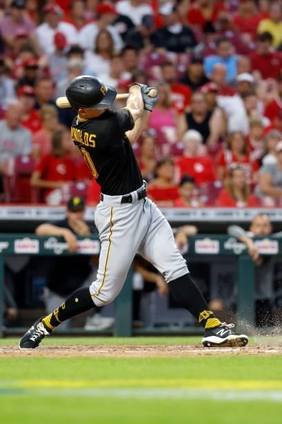 Bryan Reynolds of the Pittsburgh Pirates bats during the game against the Cincinnati Reds at Great American Ball Park on August 6, 2021 in...