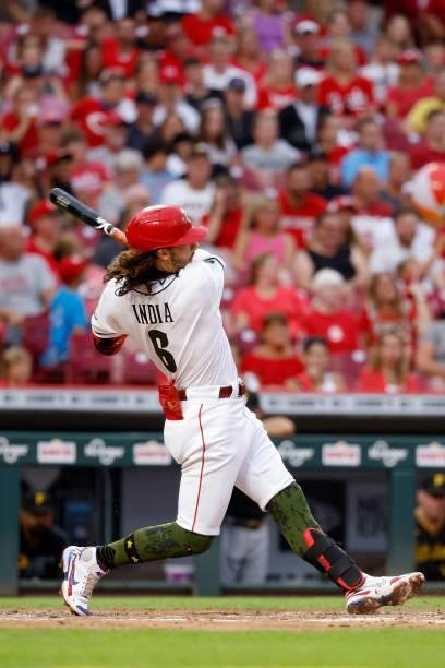 Jonathan India of the Cincinnati Reds bats during the game against the Pittsburgh Pirates at Great American Ball Park on August 6, 2021 in...