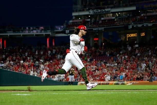 Jonathan India of the Cincinnati Reds runs the bases after hitting a home run during the game against the Pittsburgh Pirates at Great American Ball...