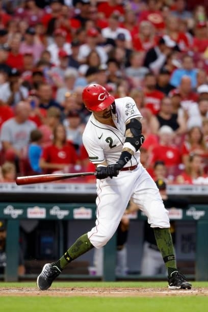 Nick Castellanos of the Cincinnati Reds bats during the game against the Pittsburgh Pirates at Great American Ball Park on August 6, 2021 in...