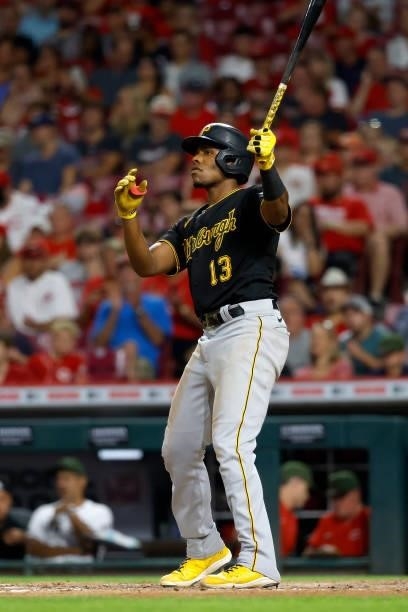 Ke'Bryan Hayes of the Pittsburgh Pirates bats during the game against the Cincinnati Reds at Great American Ball Park on August 6, 2021 in...