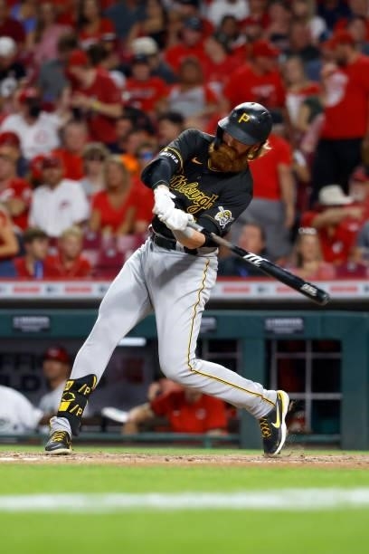 Colin Moran of the Pittsburgh Pirates bats during the game against the Cincinnati Reds at Great American Ball Park on August 6, 2021 in Cincinnati,...
