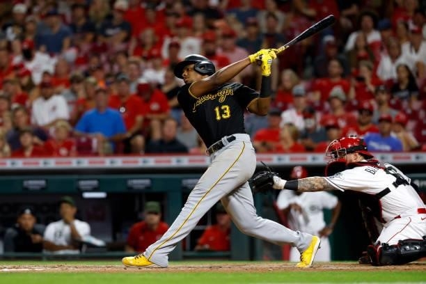 Ke'Bryan Hayes of the Pittsburgh Pirates bats during the game against the Cincinnati Reds at Great American Ball Park on August 6, 2021 in...