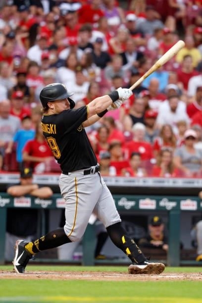 John Nogowski of the Pittsburgh Pirates bats during the game against the Cincinnati Reds at Great American Ball Park on August 6, 2021 in Cincinnati,...