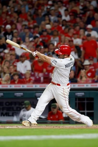 Mike Moustakas of the Cincinnati Reds bats during the game against the Pittsburgh Pirates at Great American Ball Park on August 6, 2021 in...