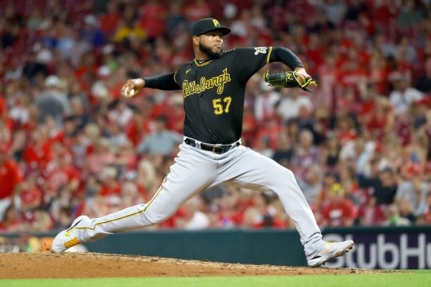 Luis Oviedo of the Pittsburgh Pirates pitches during the game against the Cincinnati Reds at Great American Ball Park on August 6, 2021 in...