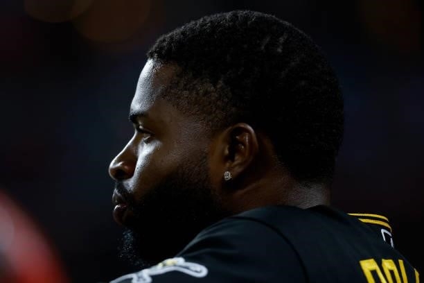 Gregory Polanco of the Pittsburgh Pirates stands in the dugout during the game against the Cincinnati Reds at Great American Ball Park on August 6,...