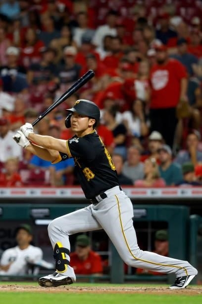 Hoy Park of the Pittsburgh Pirates bats during the game against the Cincinnati Reds at Great American Ball Park on August 6, 2021 in Cincinnati,...