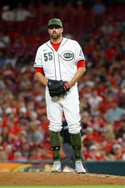 Heath Hembree of the Cincinnati Reds pitches during the game against the Pittsburgh Pirates at Great American Ball Park on August 6, 2021 in...