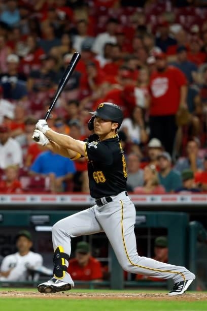 Hoy Park of the Pittsburgh Pirates bats during the game against the Cincinnati Reds at Great American Ball Park on August 6, 2021 in Cincinnati,...