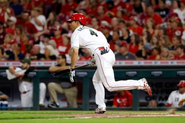 Shogo Akiyama of the Cincinnati Reds runs to first base during the game against the Pittsburgh Pirates at Great American Ball Park on August 6, 2021...