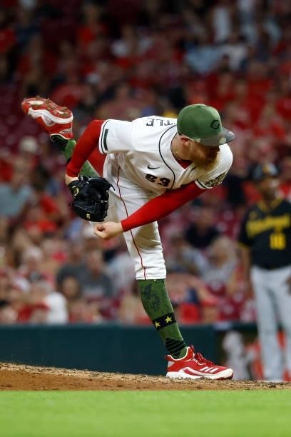 Sean Doolittle of the Cincinnati Reds pitches during the game against the Pittsburgh Pirates at Great American Ball Park on August 6, 2021 in...