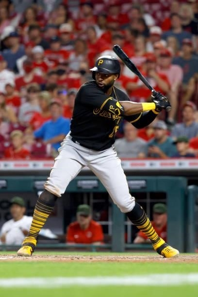 Gregory Polanco of the Pittsburgh Pirates bats during the game against the Cincinnati Reds at Great American Ball Park on August 6, 2021 in...