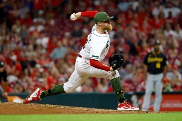 Sean Doolittle of the Cincinnati Reds pitches during the game against the Pittsburgh Pirates at Great American Ball Park on August 6, 2021 in...