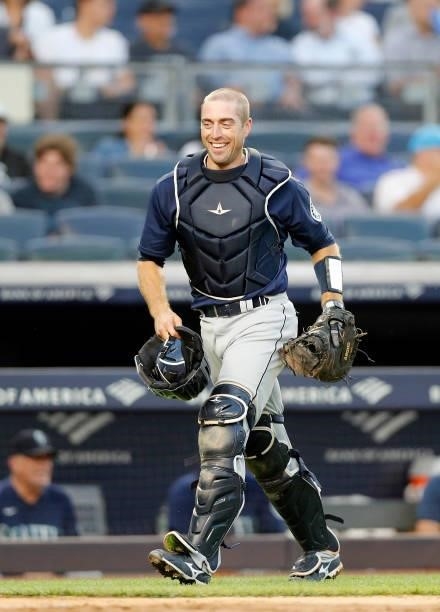Tom Murphy of the Seattle Mariners in action against the New York Yankees at Yankee Stadium on August 05, 2021 in New York City. The Yankees defeated...